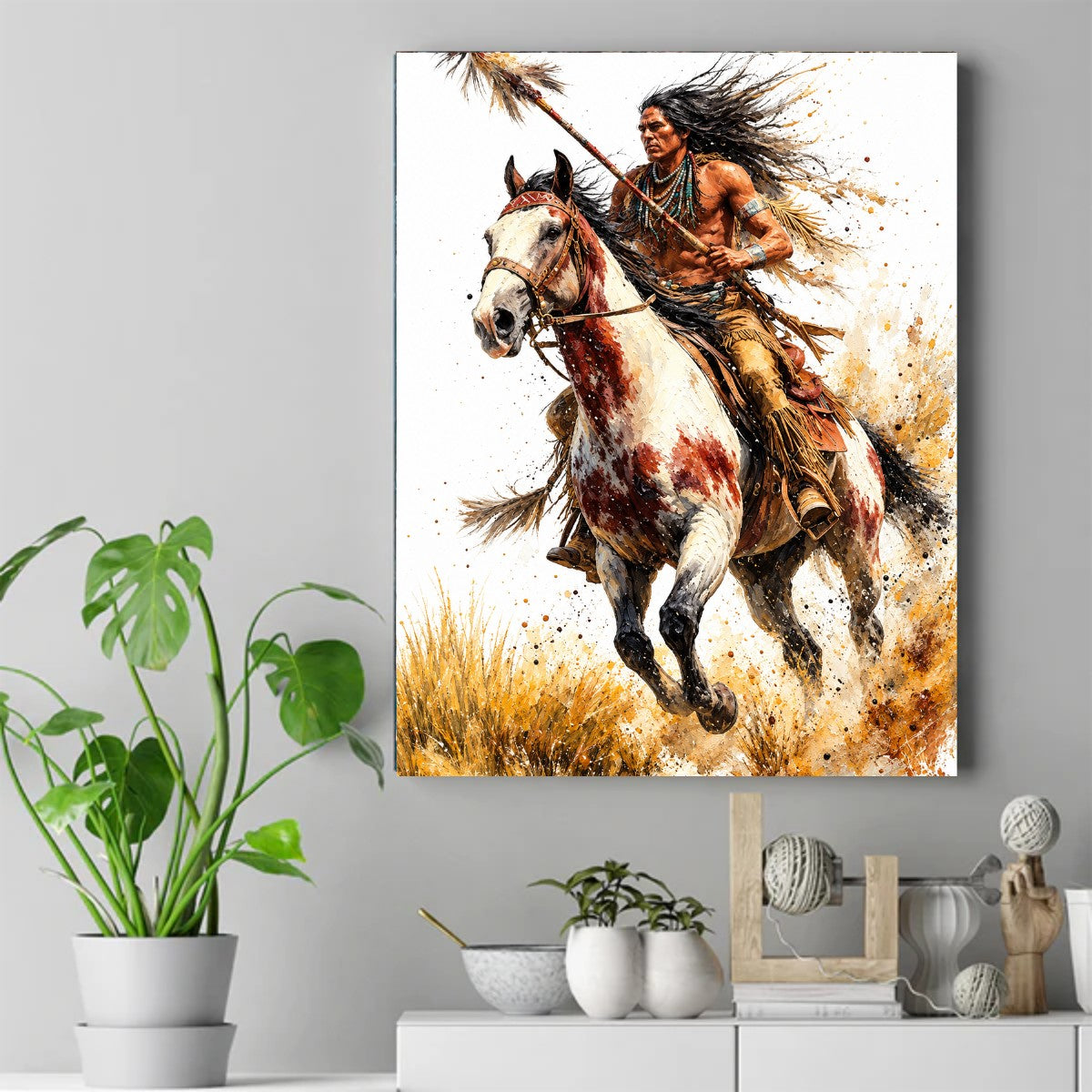 Native American rider with a feathered lance charging on a painted horse through tall golden grass – ảnh 2