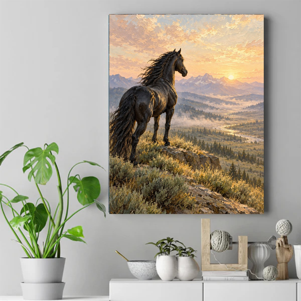 Black horse on a rocky cliff at sunrise, looking over a misty valley with mountains and a river – ảnh 2