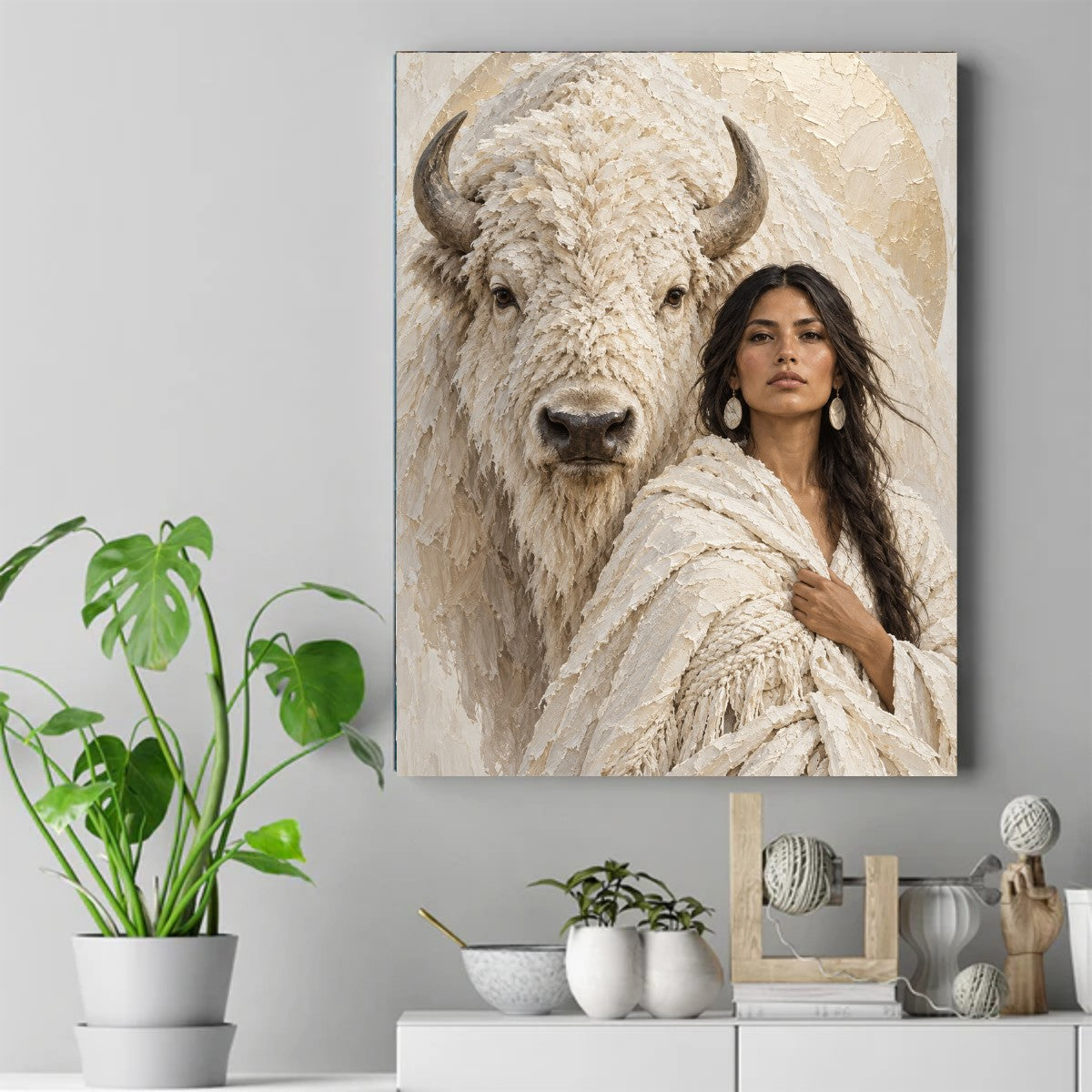 White bison standing behind a Native woman in a pale shawl, with a gold circular background – ảnh 2