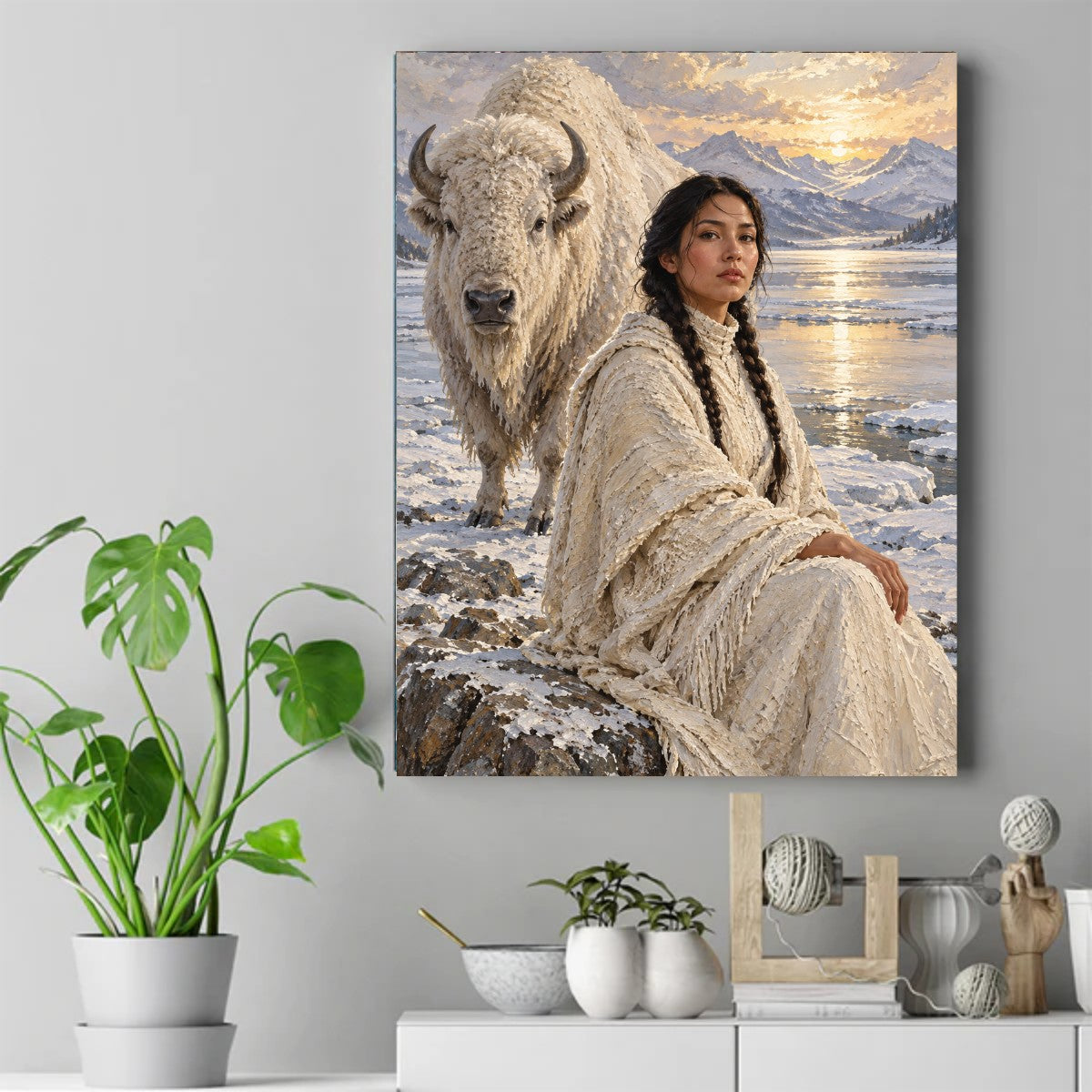 Native woman with braids in a cream fringed wrap seated on a snowy rock beside a white bison at sunset – ảnh 2
