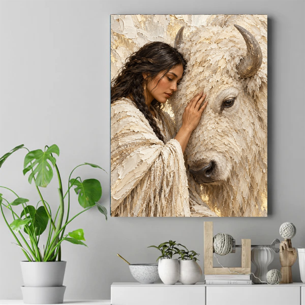 Woman with closed eyes resting her hand on a white bison’s face, textured cream and gold artwork. – ảnh 2