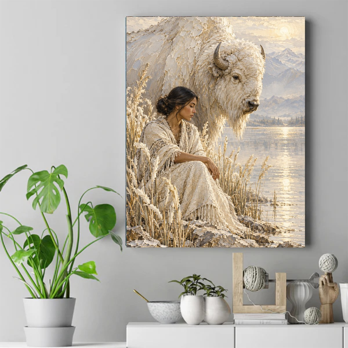 Woman in a cream fringed shawl sitting in dry grass beside a large white bison, sun low over mountains and water – ảnh 2