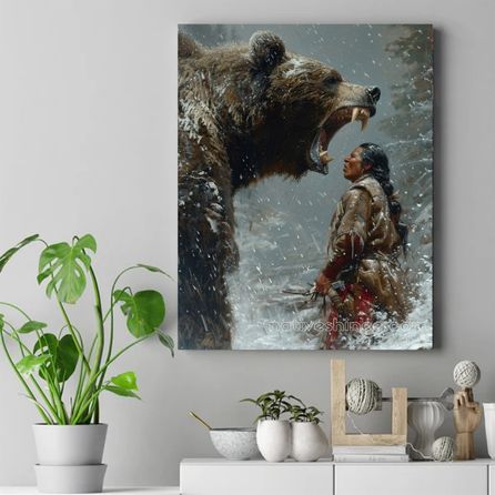The Spirit Confrontation: Man vs. Beast Native American Canvas VA