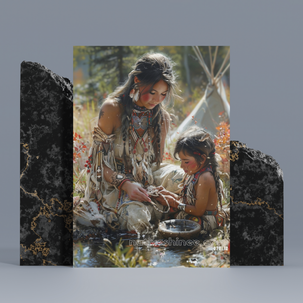 Mother and Child Beading Together Native American Canvas