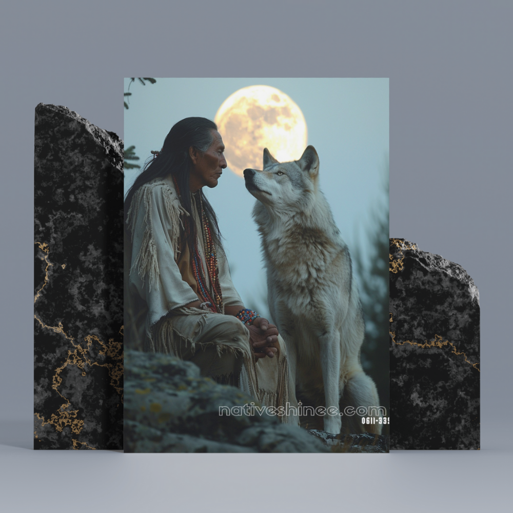Native Man and Wolf Moon Connection Native American Canvas