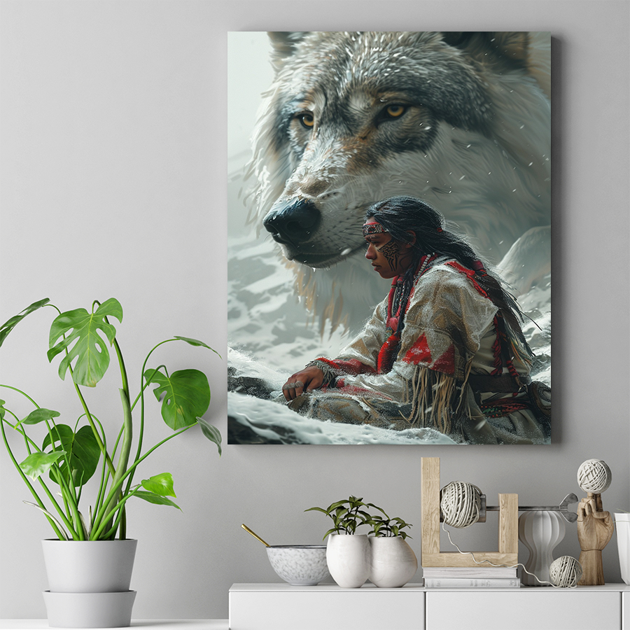 Call of the Wild Winter Native American Wolf Canvas