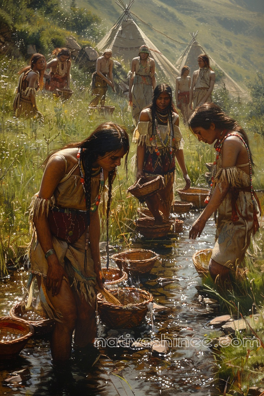 Gathering Life's Essentials by the Stream Native American Canvas