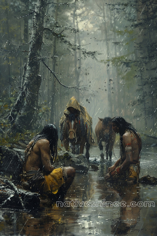 Rainfall Reverie: Warriors in Reflection Native American Canvas