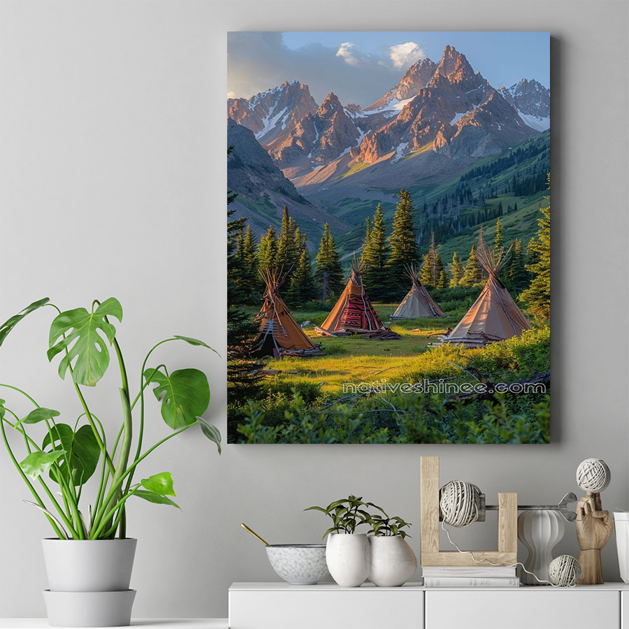 Tipis Beneath Majestic Peaks Native American Canvas