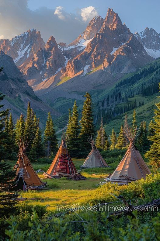 Tipis Beneath Majestic Peaks Native American Canvas