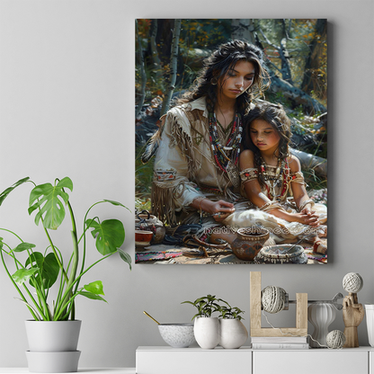 Mother and Daughter in Harmony with Nature Native American Canvas