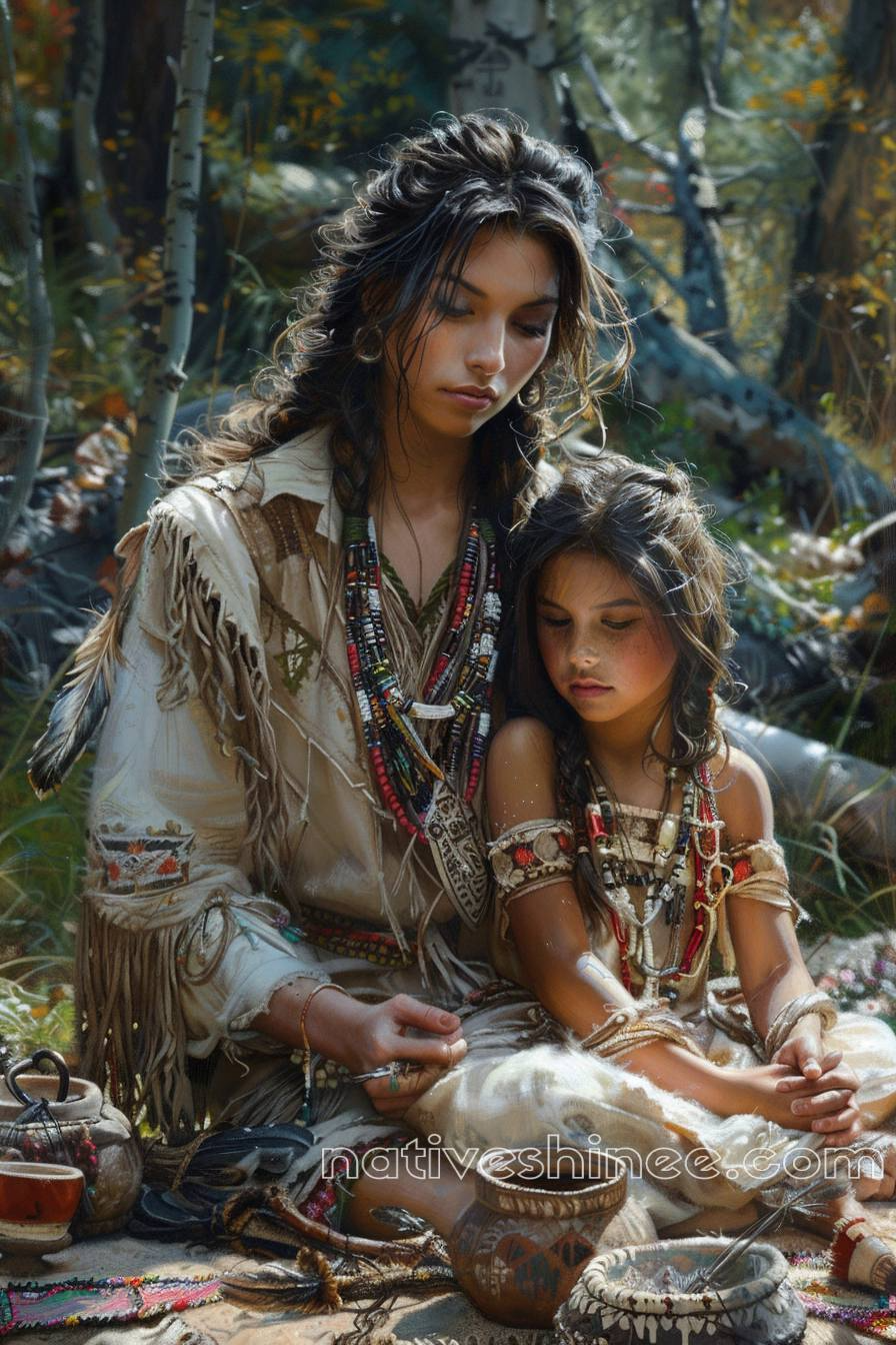 Mother and Daughter in Harmony with Nature Native American Canvas