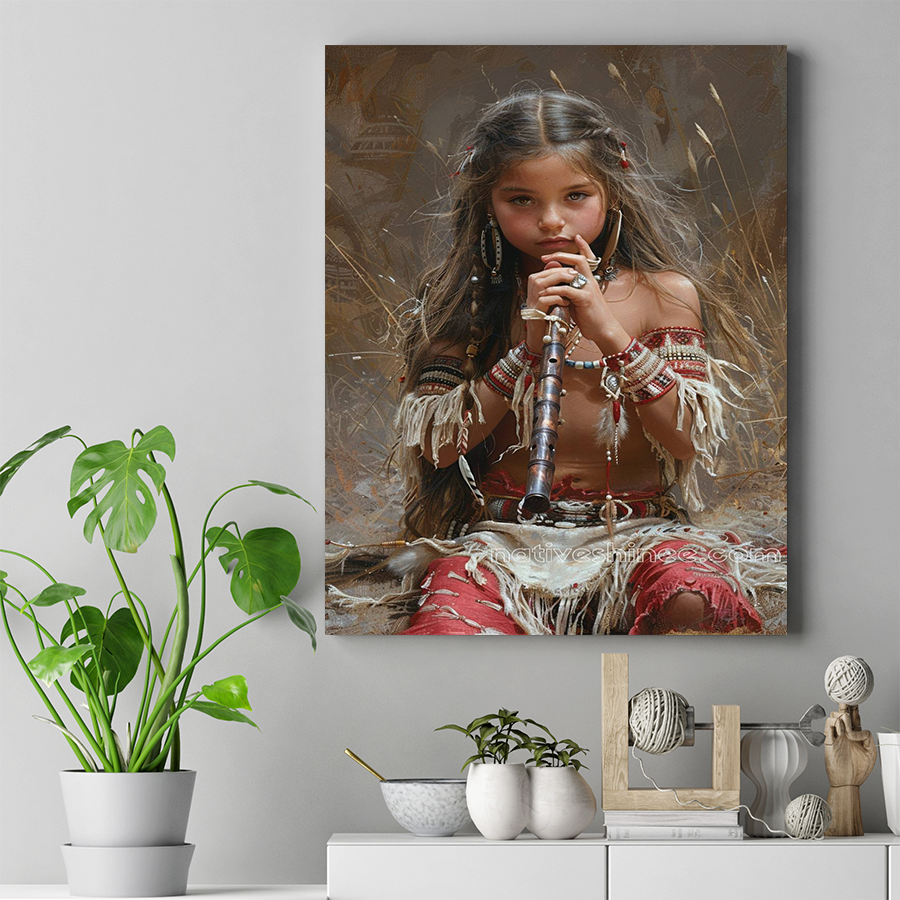 A Young Native American Girl with Her Flute Canvas