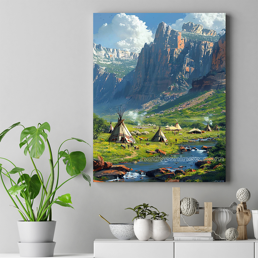 Life Beneath the Peaks Native American Canvas