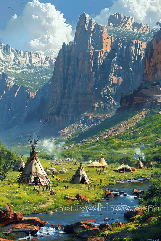 Life Beneath the Peaks Native American Canvas