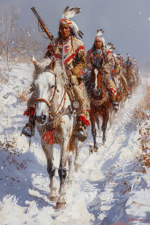 Native American Warriors Braving the Snow Canvas