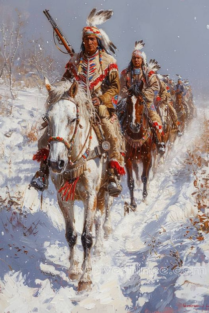 Native American Warriors Braving the Snow Canvas