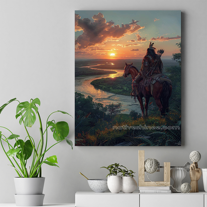 The Warrior's Peaceful Watch Native American Sunset Horse Canvas