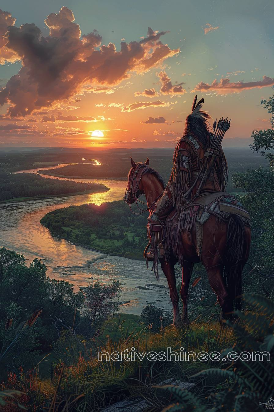 The Warrior's Peaceful Watch Native American Sunset Horse Canvas