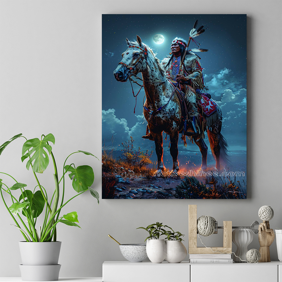 Night's Embrace: A Warrior Under the Stars Native American Horse Canvas