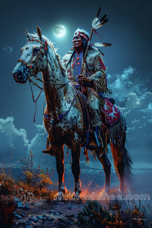 Night's Embrace: A Warrior Under the Stars Native American Horse Canvas