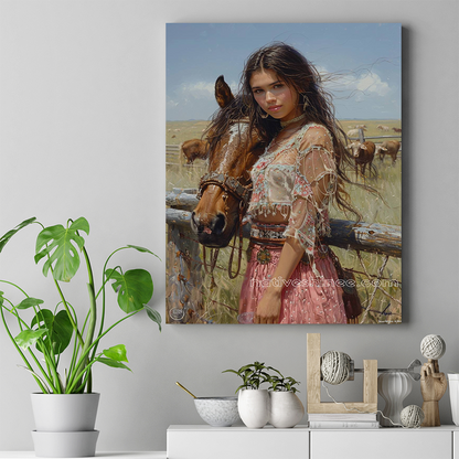 Harmony in the Heartland: A Girl and Her Horse Native American Canvas