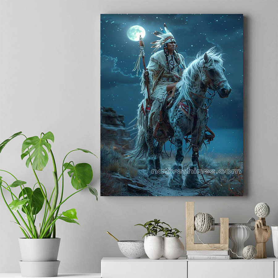 Moonlit Guardian: A Warrior's Vigil Native American Horse Canvas