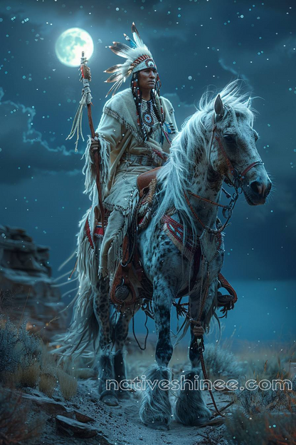 Moonlit Guardian: A Warrior's Vigil Native American Horse Canvas