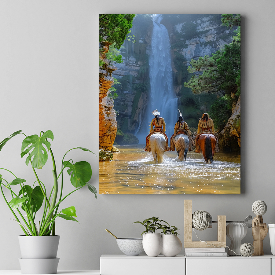 Journey to the Sacred Waterfall's Embrace Native American Horse Canvas