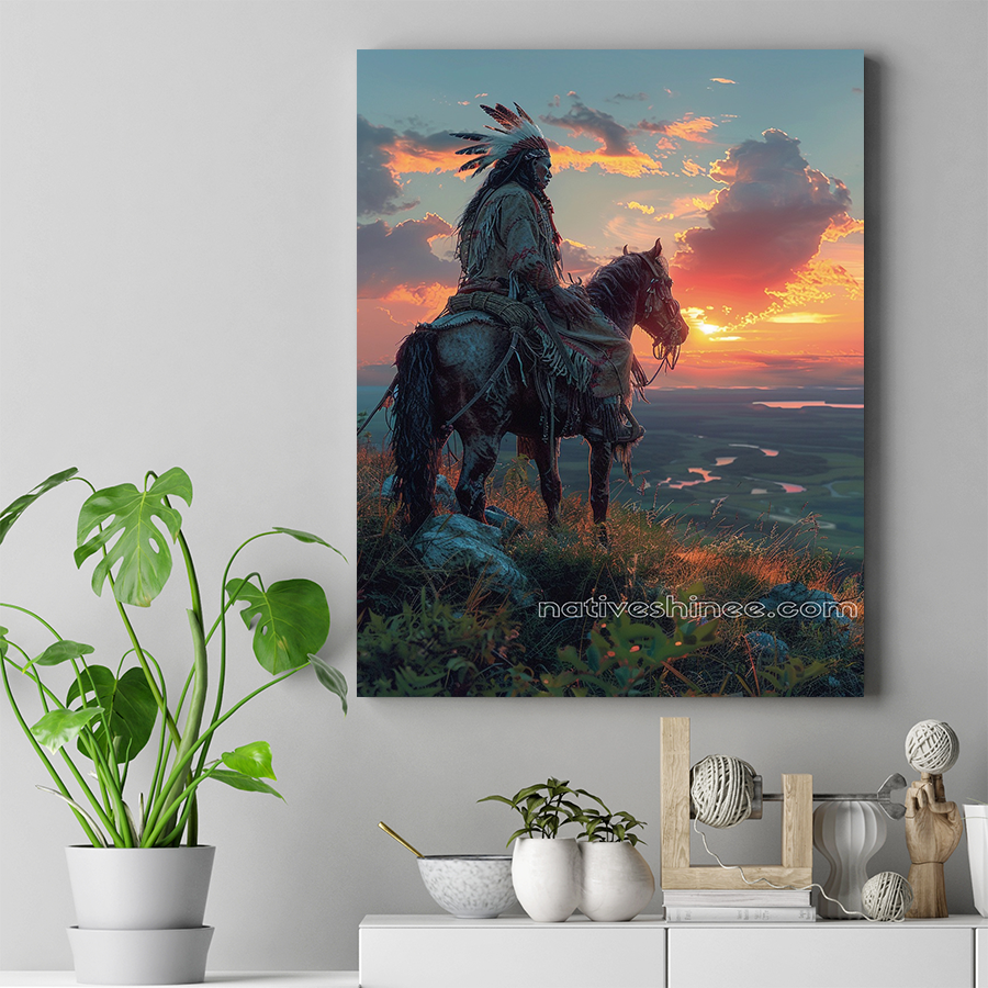 Native Warrior Gazing Over Sunset Plains Horse Canvas