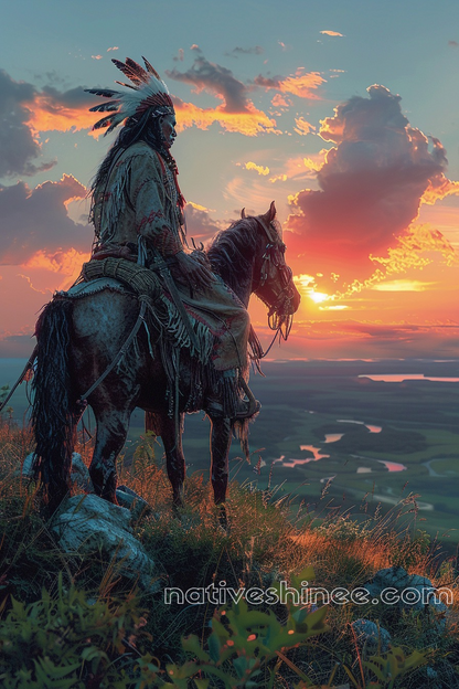 Native Warrior Gazing Over Sunset Plains Horse Canvas