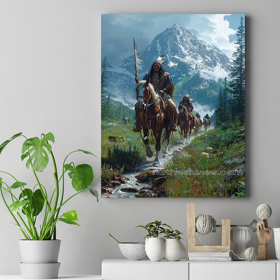 Warriors' Journey Amidst Majestic Peaks Native American Horse Canvas