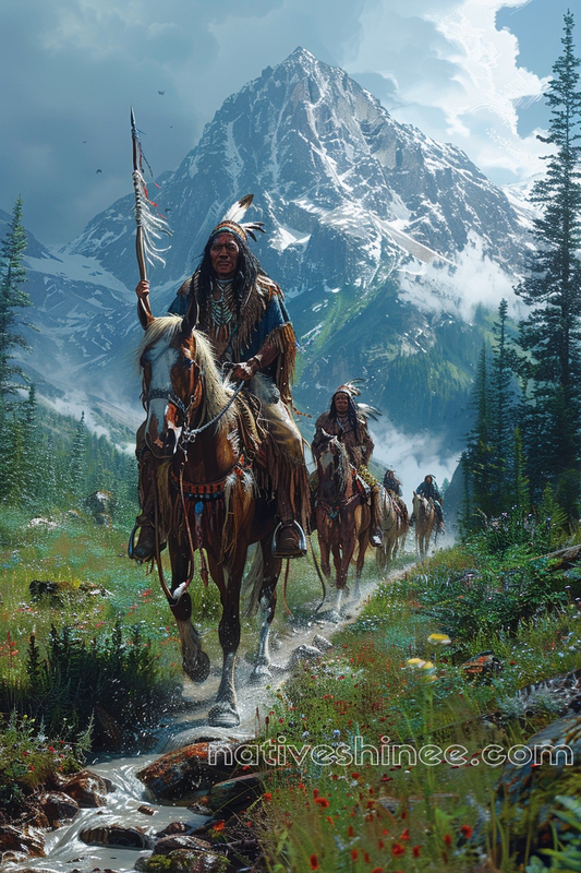 Warriors' Journey Amidst Majestic Peaks Native American Horse Canvas