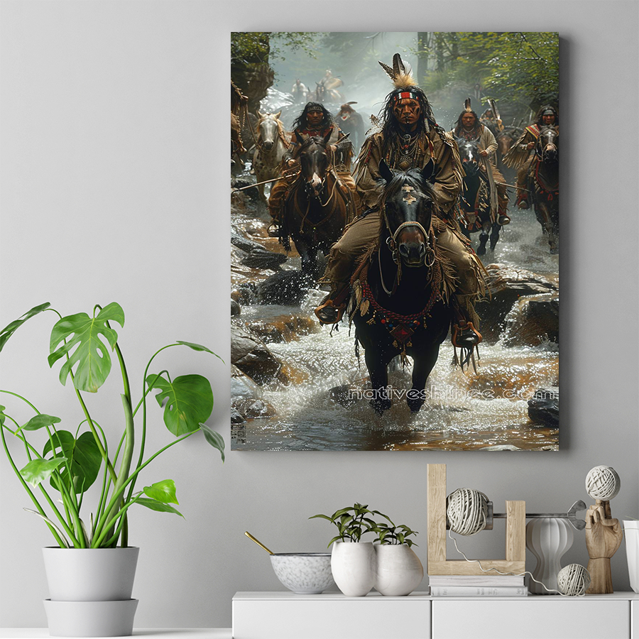 The Courage and Strength of Native American Warriors on the Move Horse Canvas