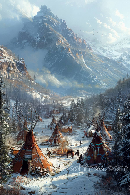 Life in a Native American Village Amidst the Majestic Winter Landscape Canvas