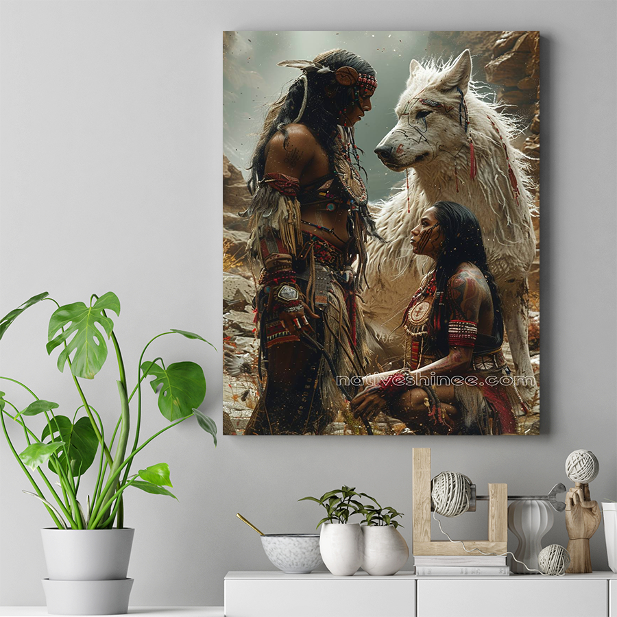 Native Warriors and White Wolf Canvas