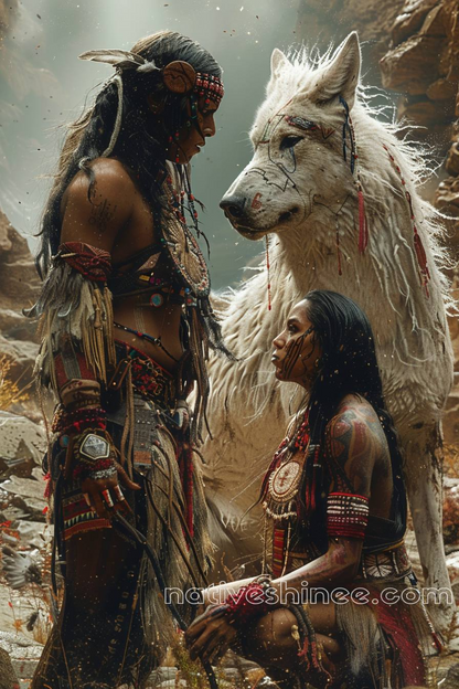 Native Warriors and White Wolf Canvas