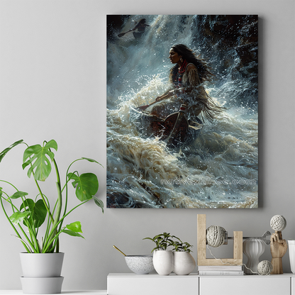 Braving the Wild River's Fury Native American Canvas