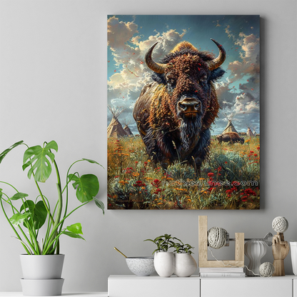 The Mighty Bison in Bloom Native American Canvas