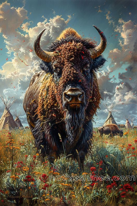 The Mighty Bison in Bloom Native American Canvas