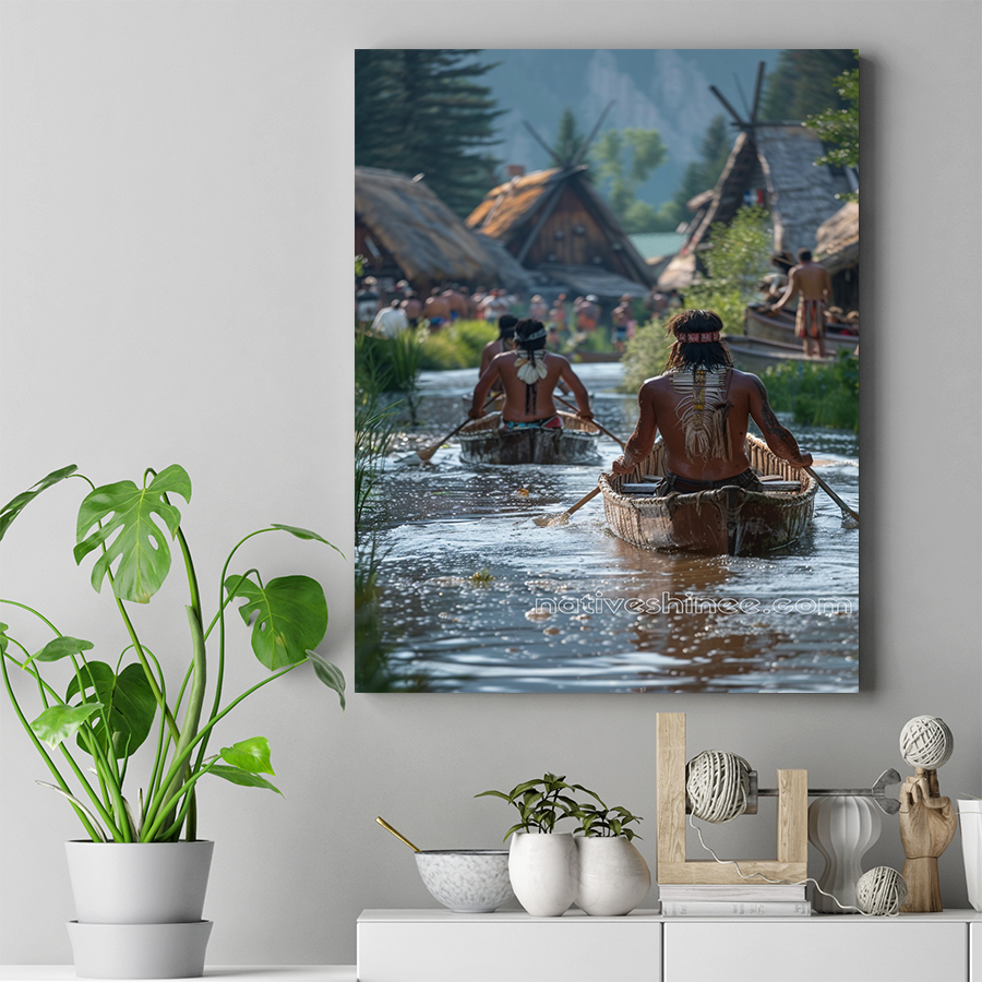 Morning Paddle to the Village Native American Canvas
