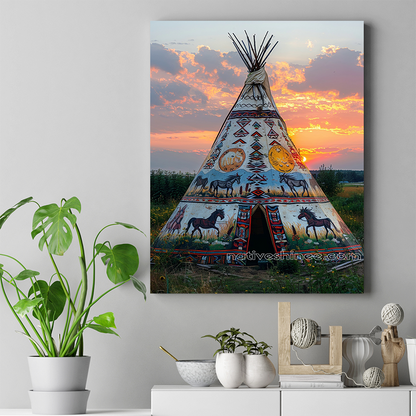 Vibrant Teepee Against a Fiery Sky Native American Canvas