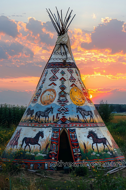 Vibrant Teepee Against a Fiery Sky Native American Canvas