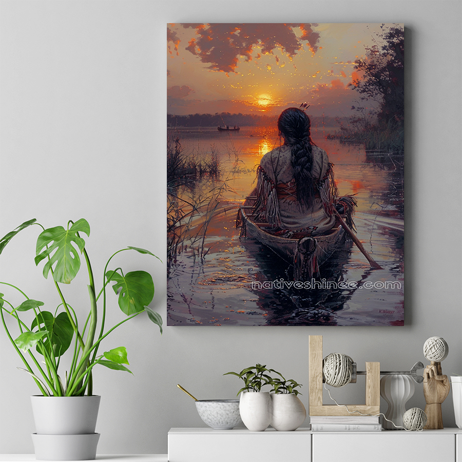 Embracing the Sunset: A Peaceful Paddle Native American Canvas