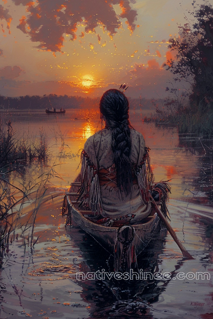 Embracing the Sunset: A Peaceful Paddle Native American Canvas