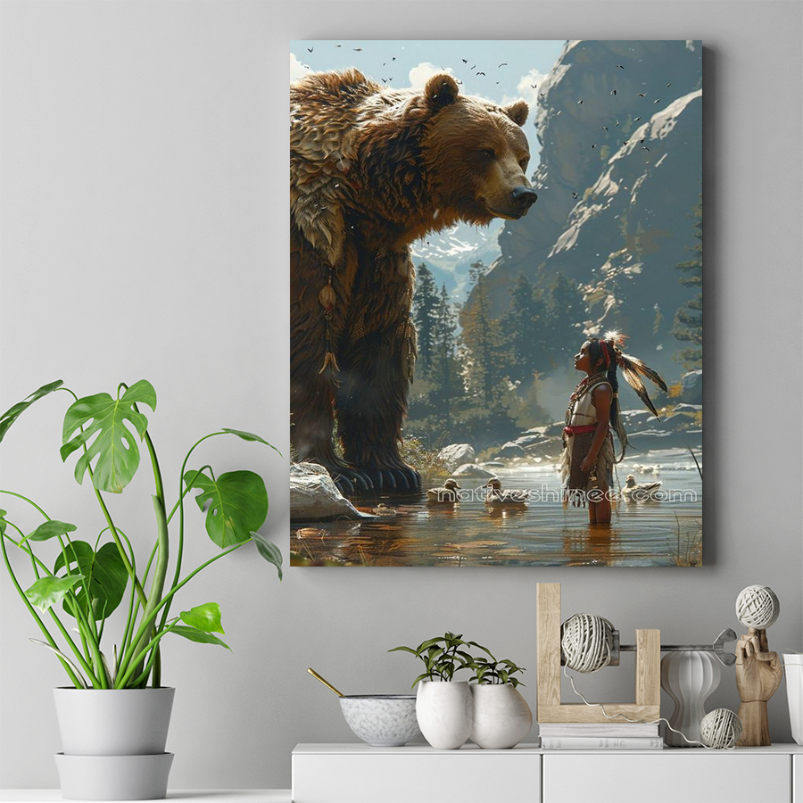 Child and Bear: Spirits Intertwined Native American Bear Canvas