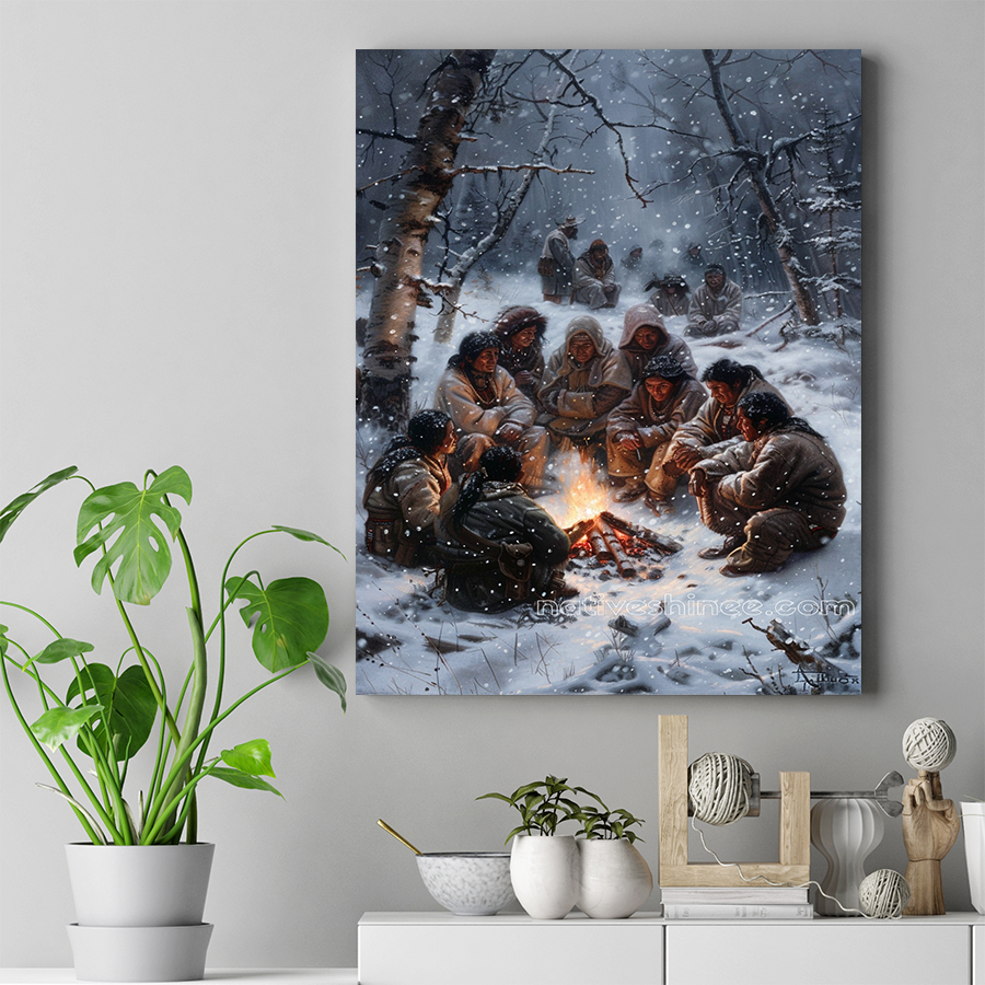 Circle of Warmth: Enduring the Cold Together Native American Canvas