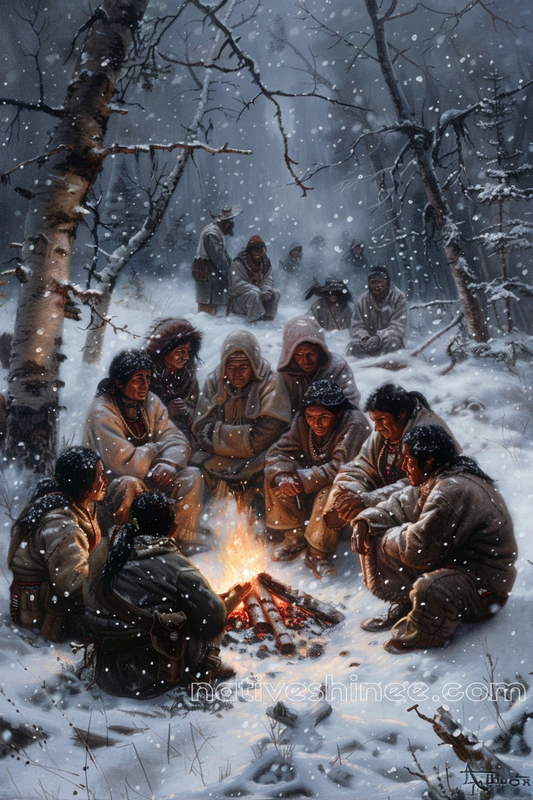 Circle of Warmth: Enduring the Cold Together Native American Canvas