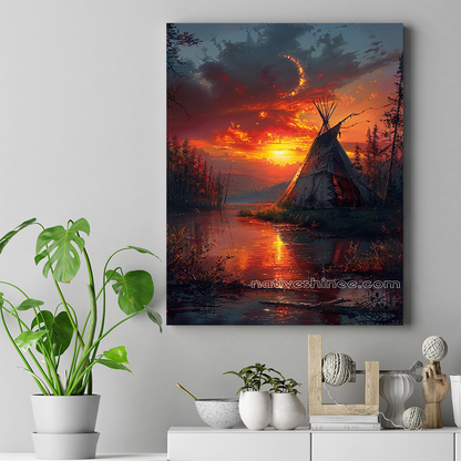 Golden Glow: Sunset Over the Tipi Native American Canvas