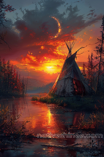 Golden Glow: Sunset Over the Tipi Native American Canvas